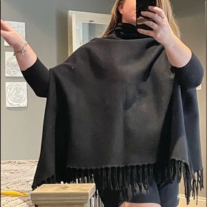 Black poncho style top with fringe, OS